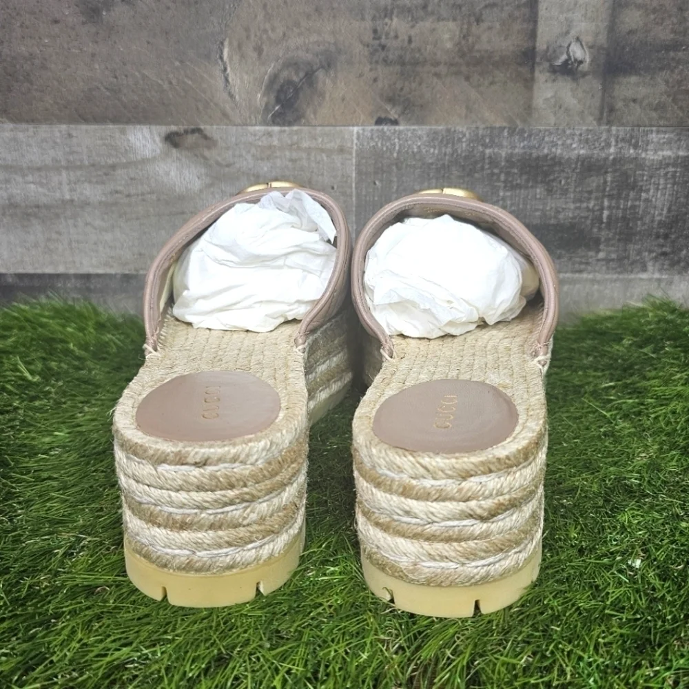 GUCCI Charlotte Matelasse gold GG Marmont logo platform espadrille jute mule - Picture 7 of 15